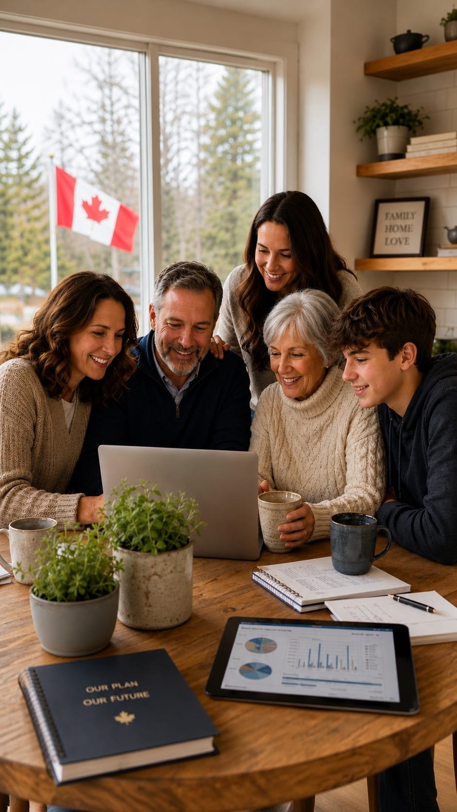 A Canadian family reviewing their home equity strategy at the kitchen table, a Canadian flag visible through the window